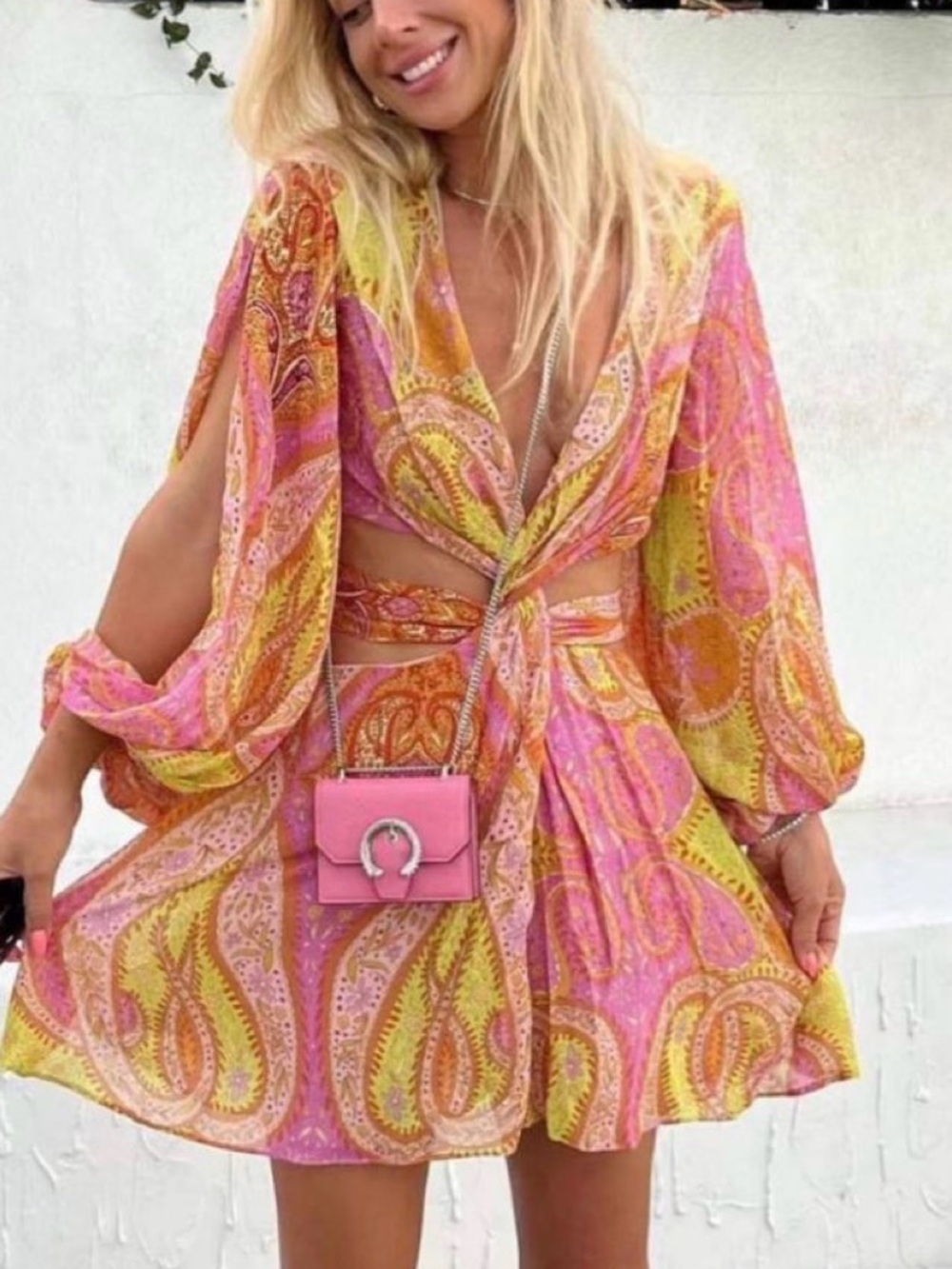 Zara Pink & Yellow Paisley Tie-Front Mini Dress